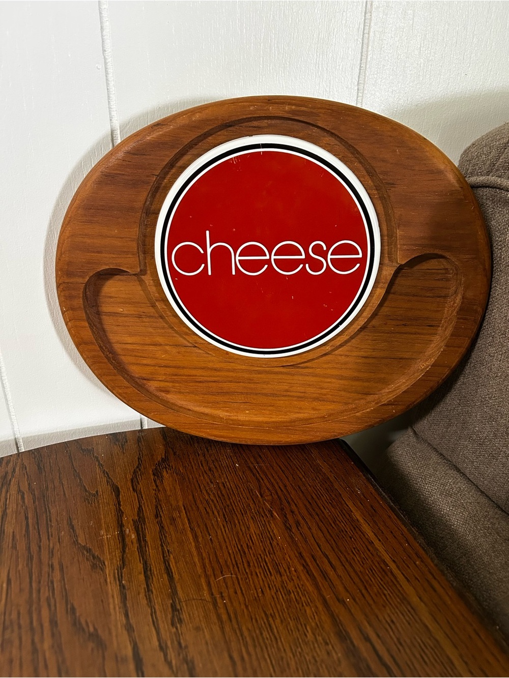 1970s Wooden Cheese Serving Board with Red 'cheese' Accent